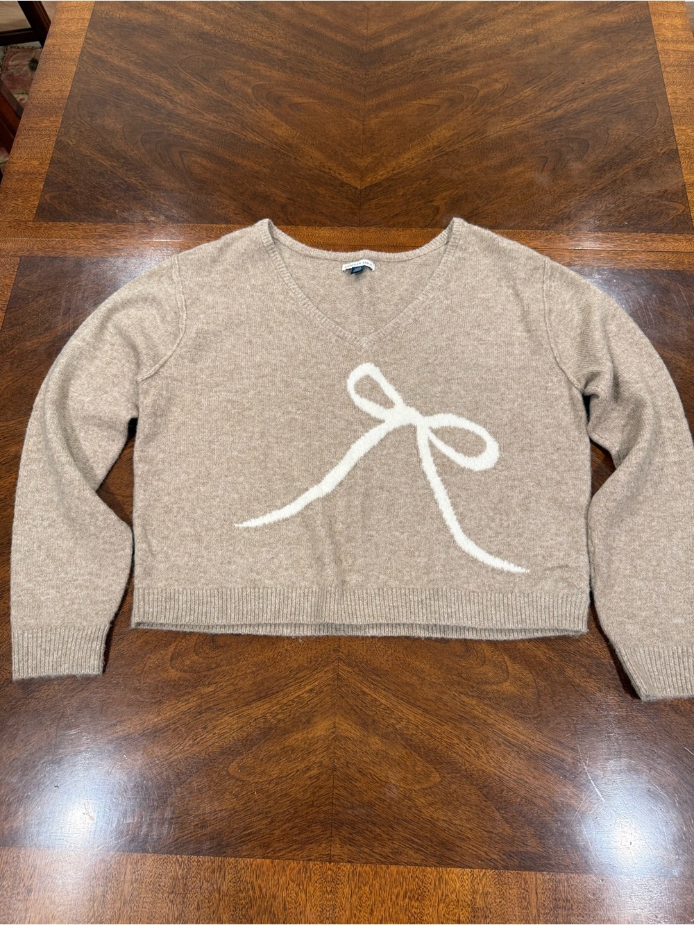 American Eagle Women's Taupe V-Neck Sweater with Bow Detail